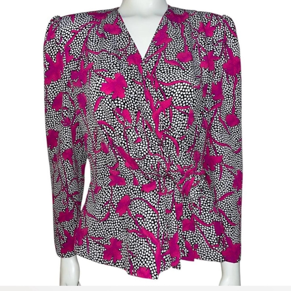 Lilli Ann Vintage Silk Pink Floral Blouse With Flower Appliqu Size S